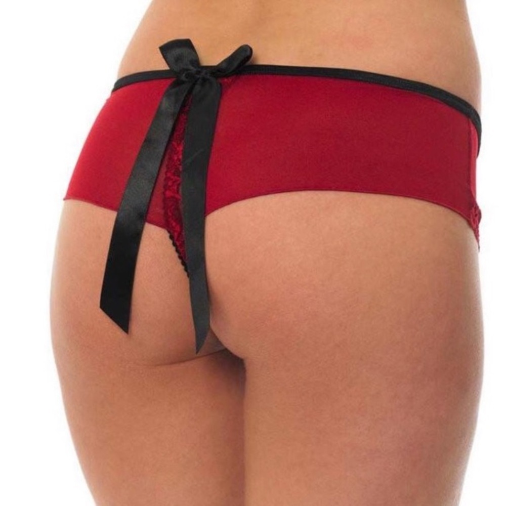 BLUEBELLA Eloise Brazilian Satin Bows Chiffon‎ & Lace Thong Panties US Sz L NWT